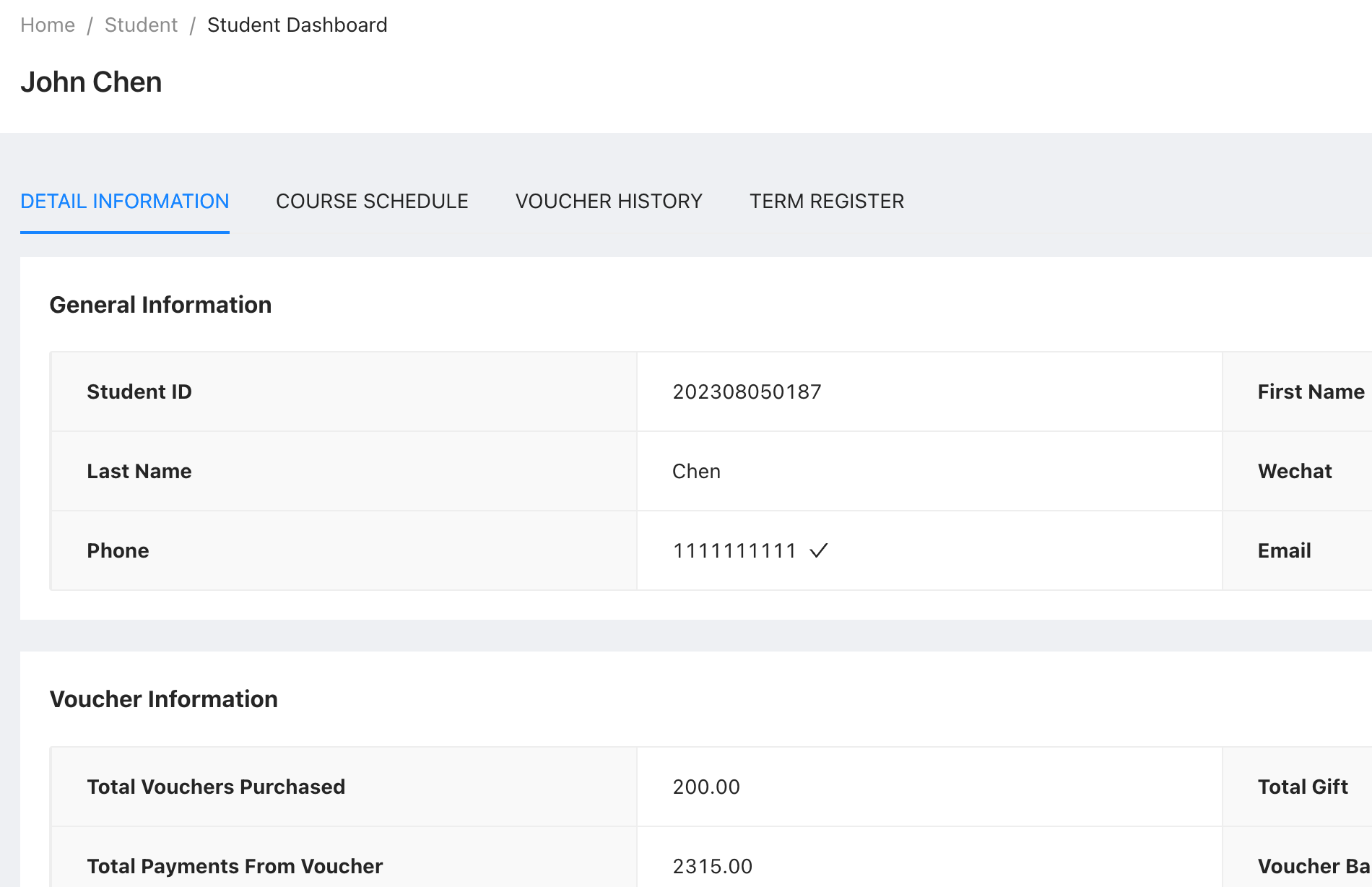 student information in our student management system